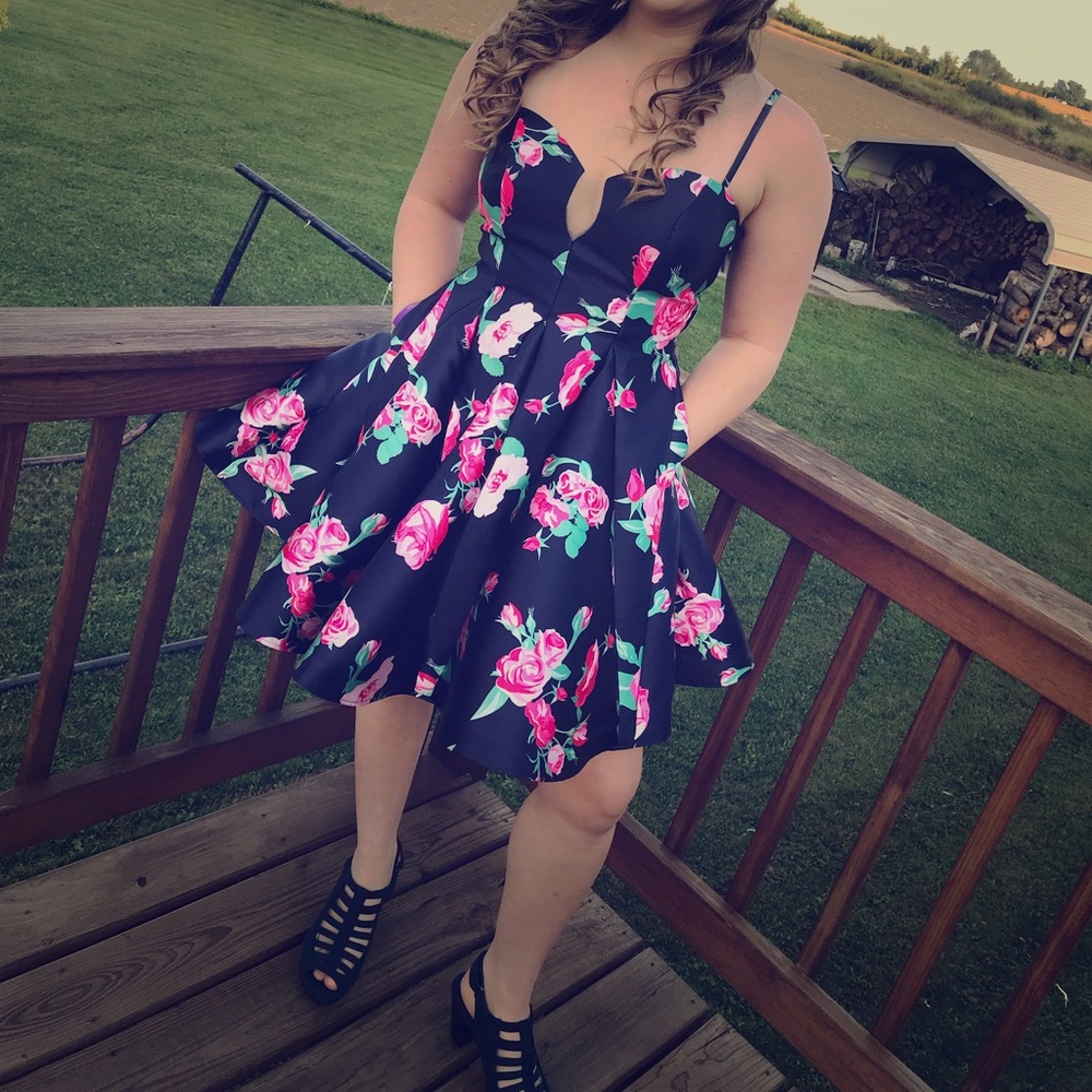 A navy blue floral short dress! Worn once!